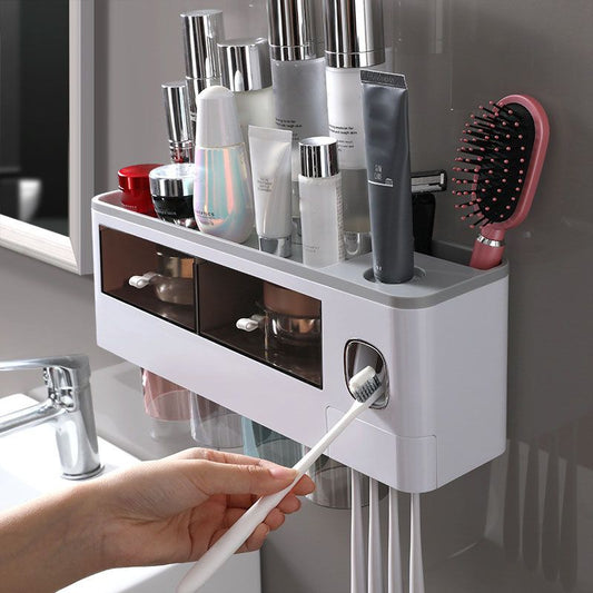 Limited-Time Offer | Wall-Mounted Large-Capacity Toothbrush Holder with Toothpaste Dispenser + Tray Effortlessly Organize Toiletries for 2-4 Family Members
