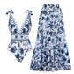 💥 Special Sale 49% OFF🩱V Neck Lace Up Printed One Piece Swimsuit and Skirt